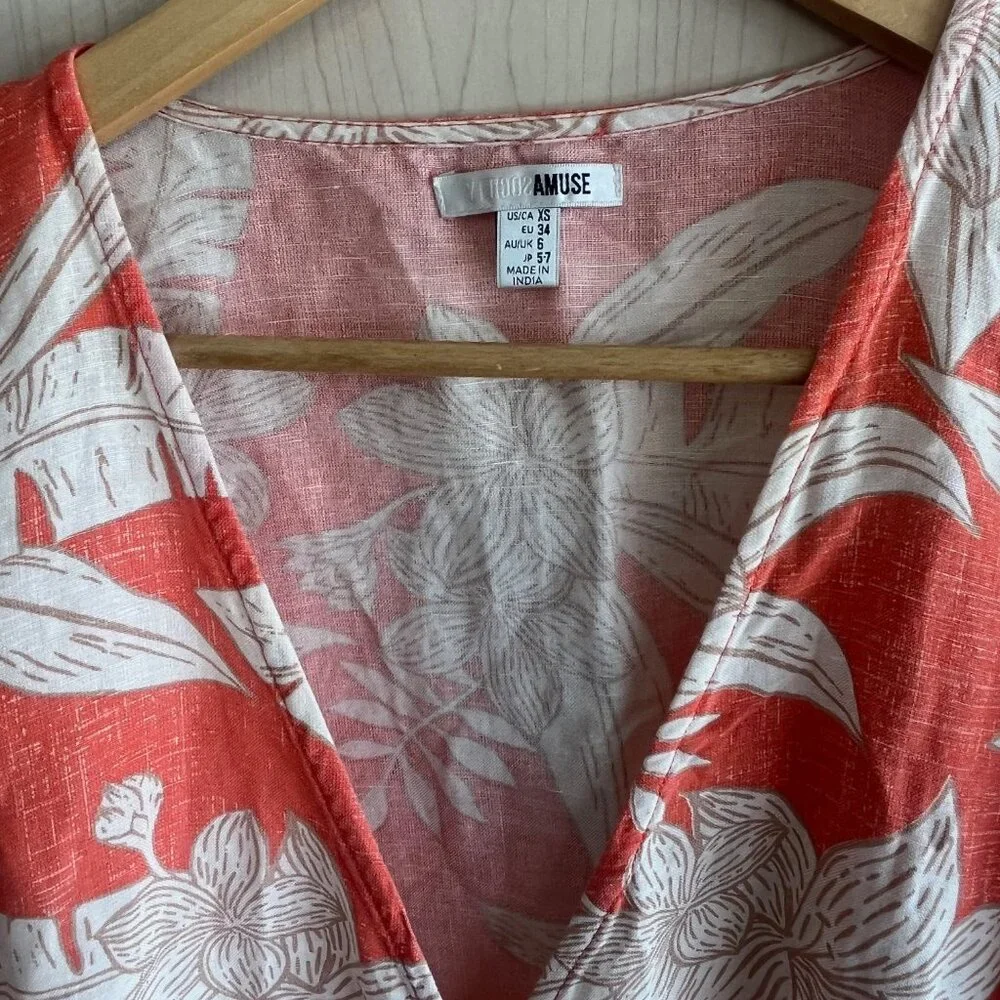 Amuse Society Mala Wrap S/S‎ Woven Dress Coral Tropical Resort Top NWT XS